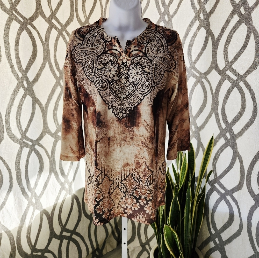 Chico's Brown and Cream Tunic with Paisley Design Size 0 - Picture 1 of 3